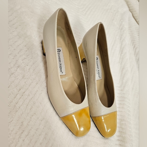 Vintage Etienne Aigner Leather Cap Toe Pump Shoes Heel  Yellow,Cream Size 7 - Picture 6 of 12